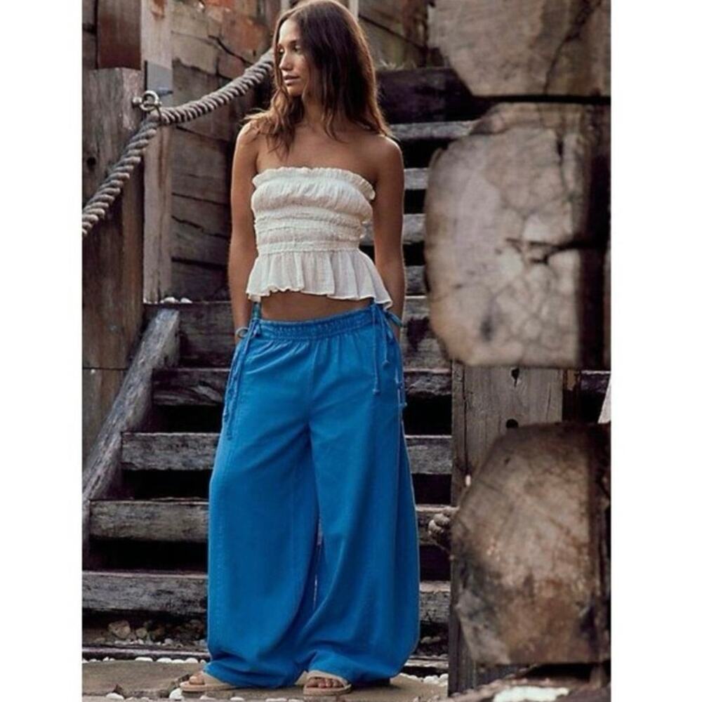 Free-est Free People L Sun Dazed Trousers Pants Wide Leg Blue OB2406774 Cotton